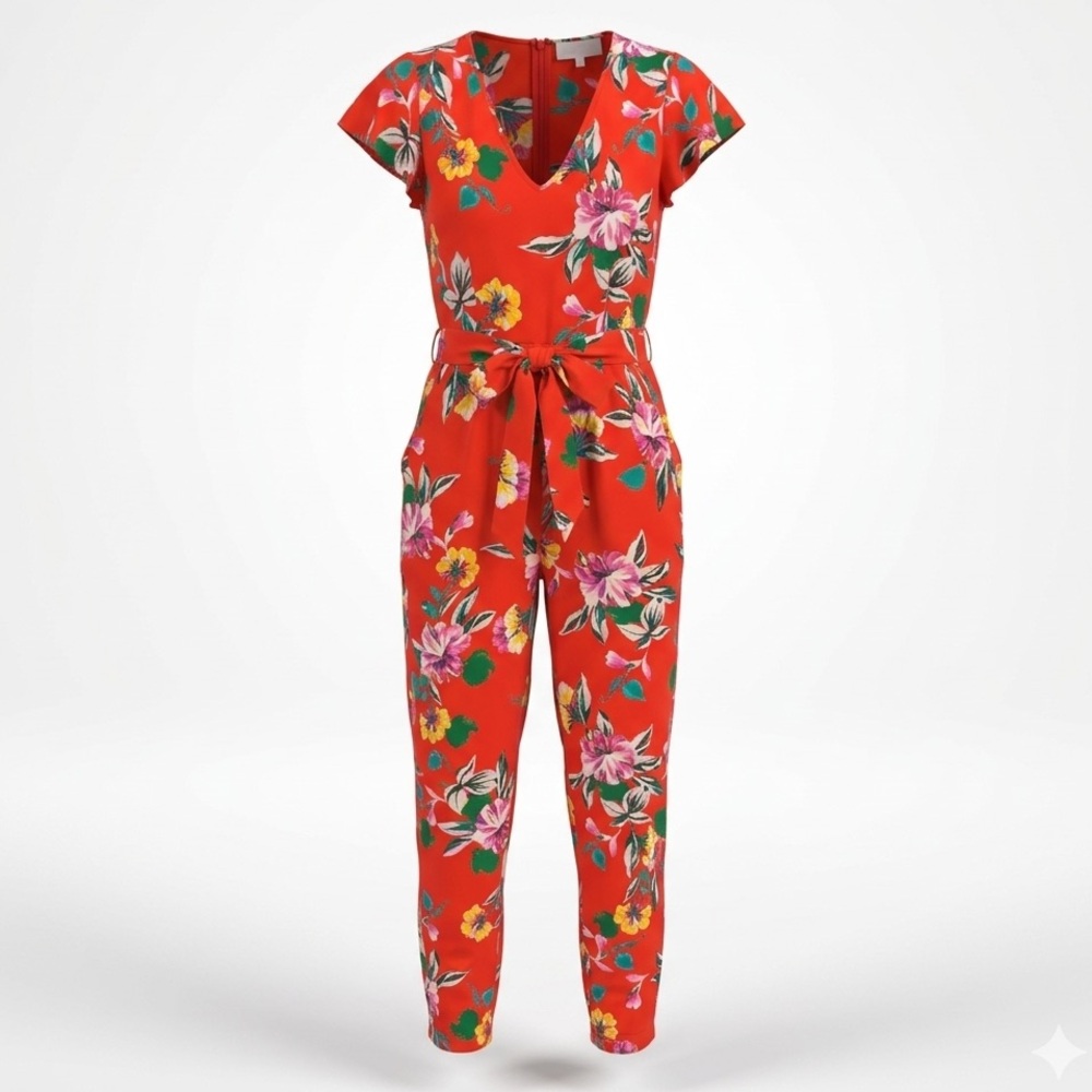 Yumi Kim 100% Silk Red Floral Jumpsuit S Vacation Vibrant Tropical Chic - Picture 12 of 12